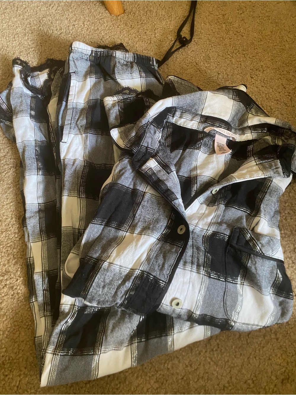 Victoria's Secret Black White Plaid Flannel Pajama Set Metallic M Top XS Pants